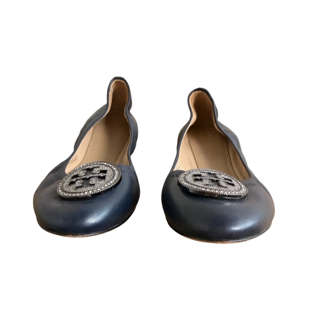 Tory Burch Liana Navy Napa Leather Ballet Flats Rhinestone Medallion Logo Sz 9 - Picture 6 of 12